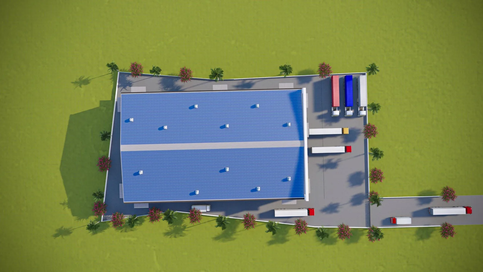 Top-down aerial design visualization of the AJ Developers industrial warehouse in Pune, Maharashtra