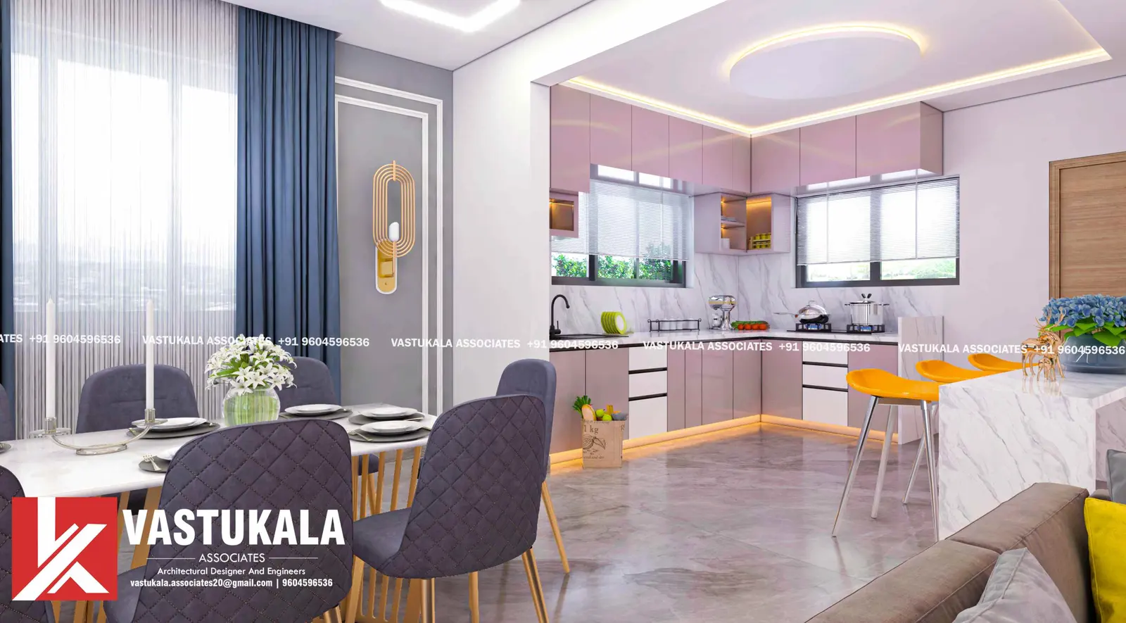 Interior design visualization of a modern open kitchen and dining space