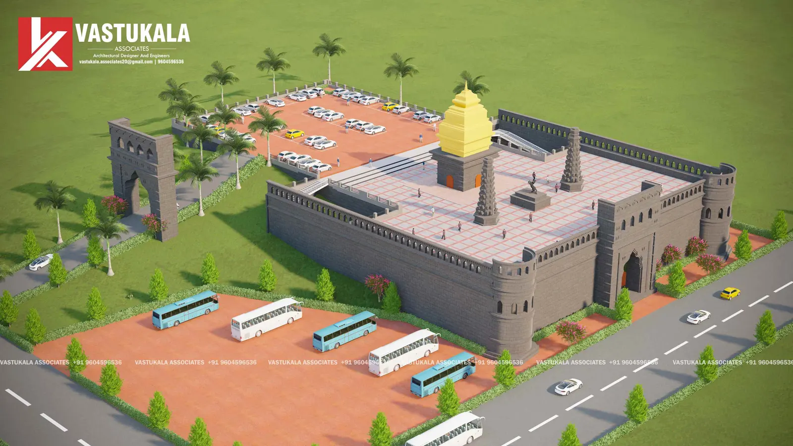 Aerial design visualization of the Khandoba Temple complex at Dhok Sangavi