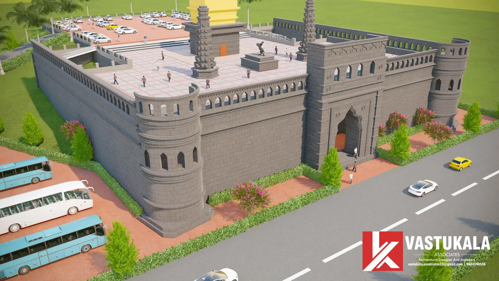 Design visualization of the Khandoba Temple complex with fort-style stone walls at Dhok Sangavi