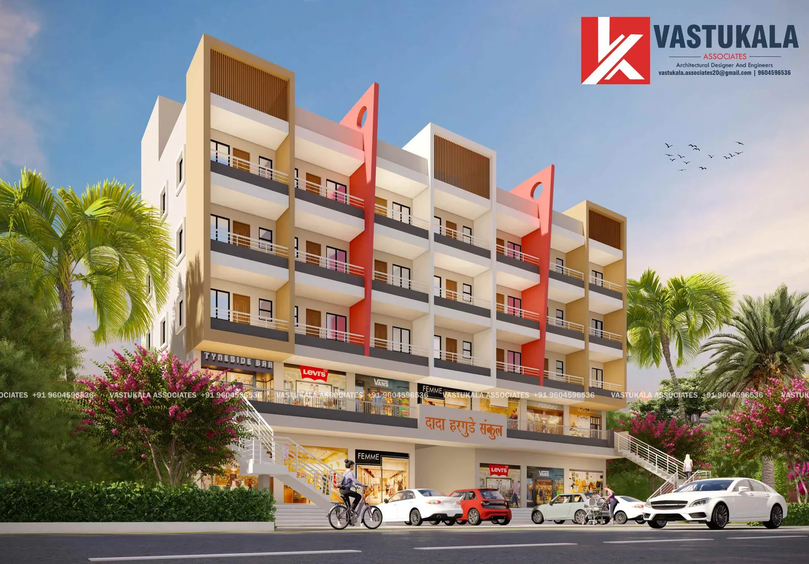 Design visualization of a mixed-use commercial building at Sanaswadi